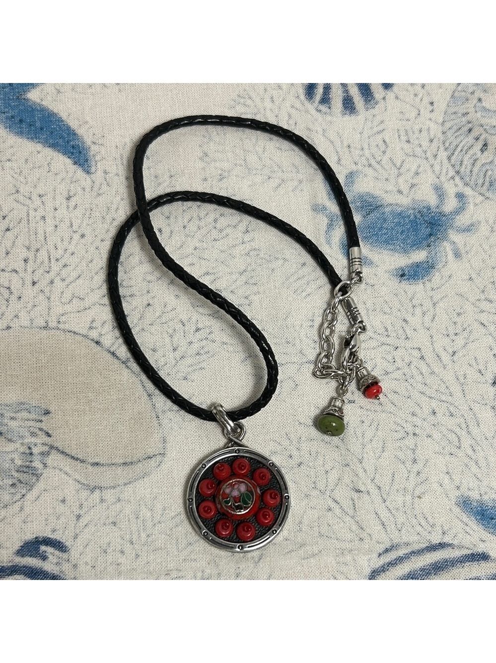 Brighton Pagoda Necklace Leather Cord Chain Silver Plated Red Green Medallion - Picture 10 of 13